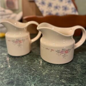 Pfaltzgraff Cream Ceramic Pitcher Pair with Pink Rose Motif